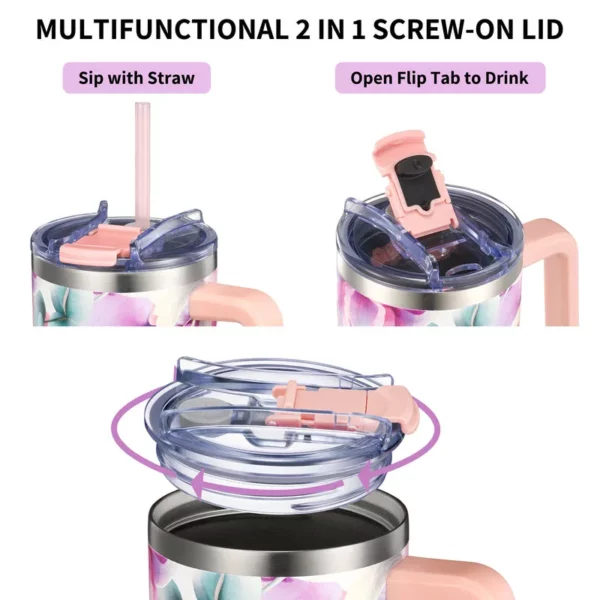 Stainless Steel Insulated 40 oz Travel Tumbler - Pink Lilies - Image 3