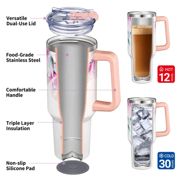 Stainless Steel Insulated 40 oz Travel Tumbler - Pink Lilies - Image 4
