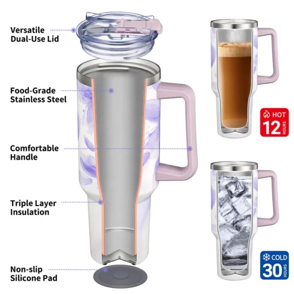 Stainless Steel Insulated 40 oz Travel Tumbler - Violet Leaves - Image 4
